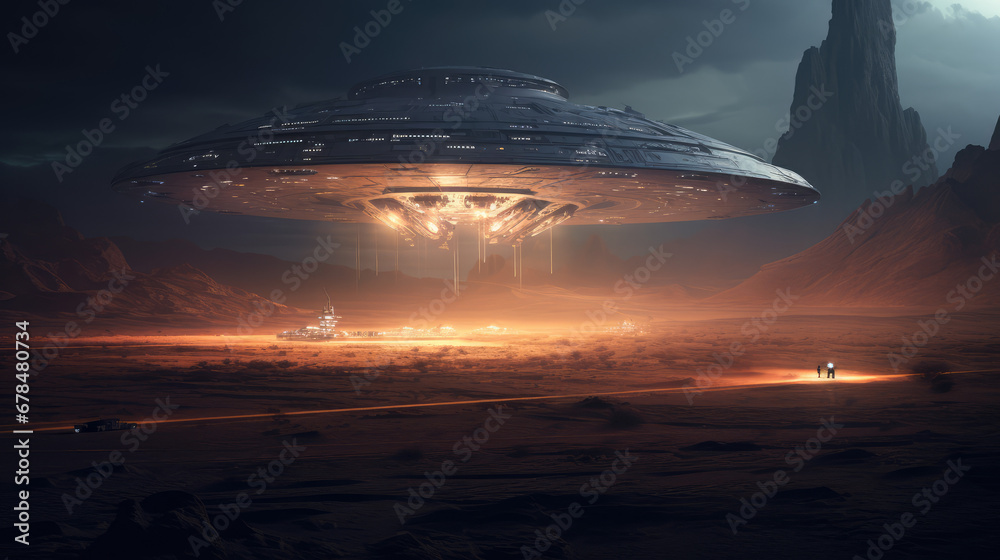 Surreal alien desertpunk space base, bounty hunter, desert storm, spaceship landing