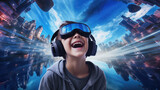 A boy wearing VR headset user, smile, surreal world and virtual reality