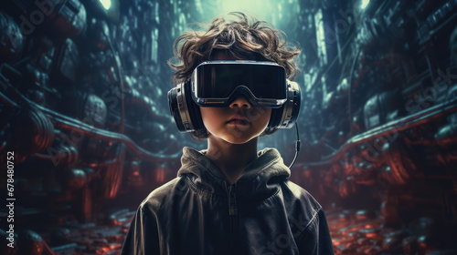 A boy wearing VR headset user, surreal world and virtual reality