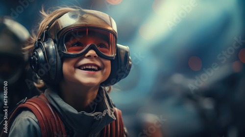 A boy wearing VR headset user, smile, surreal world and virtual reality