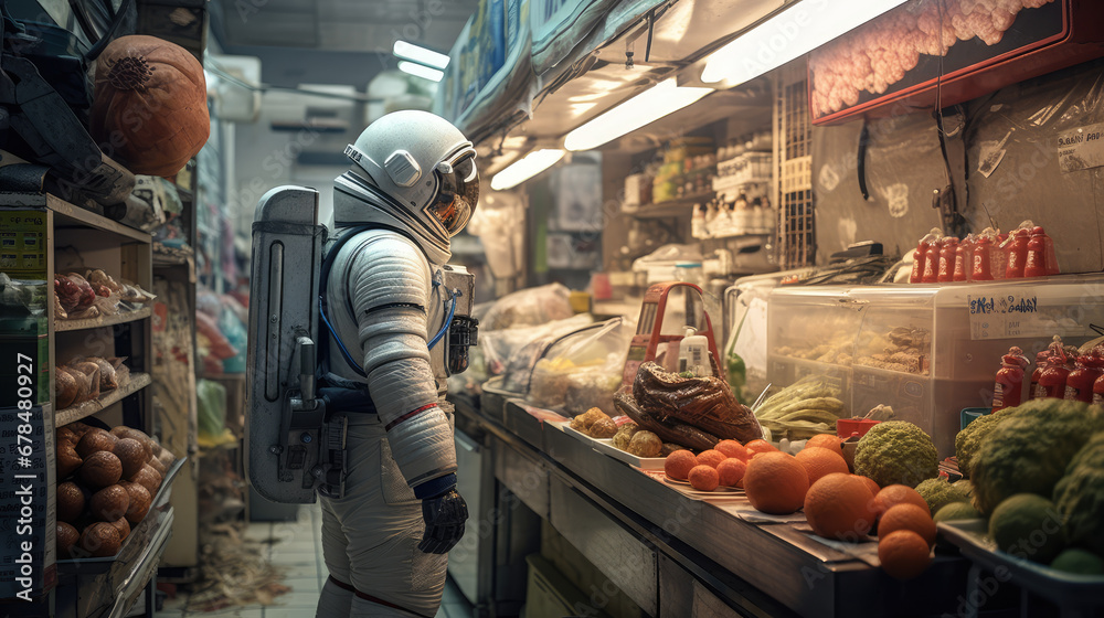 astronaut shopping in the market