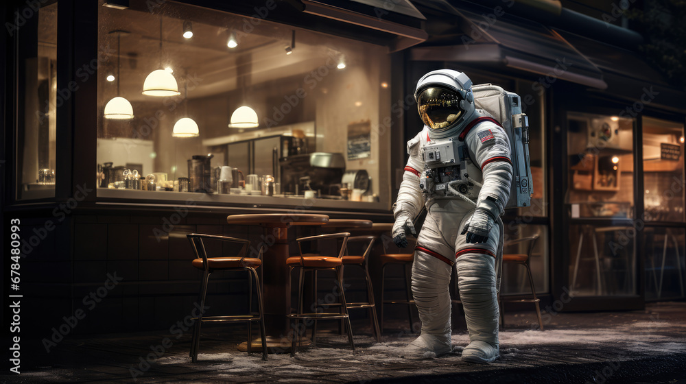 astronaut standing in front of the restaurant astronaut standing in front of the restaurant