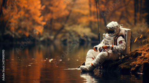 astronaut fishing by the river photo