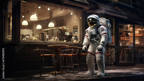 astronaut standing in front of the restaurant