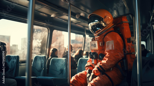 astronaut sitting on the bus