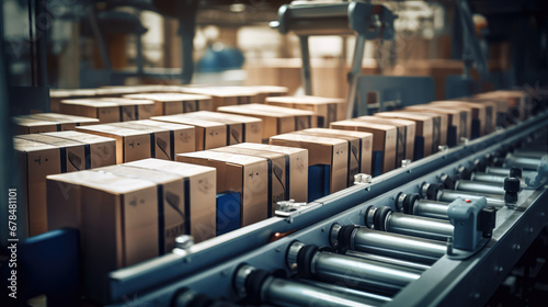 Closeup of multiple cardboard box packages seamlessly moving along a conveyor belt in a warehouse fulfillment center