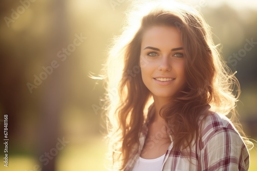 Backlit portrait of a gorgeous brunette young woman looking at the camera smiling