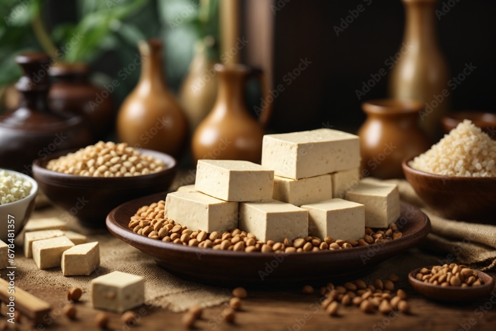 Tofu and soybeans on brown plate on wooden table