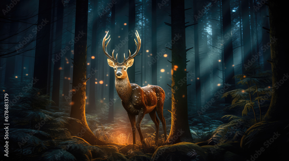 glowing deer in pine forest - obrazy, fototapety, plakaty 
