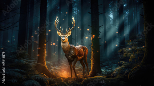 glowing deer in pine forest