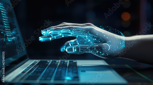 hand typing on laptop with finger, digital network hologram