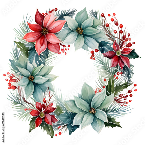 Great retro Christmas wreath watercolor design for various purposes, including watercolor illustrations, invitation card and banner designs, and framing, © Ash
