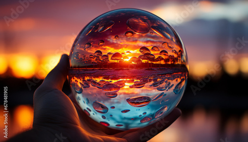 Silhouette holding glowing sphere reflects sunset beauty in nature generated by AI