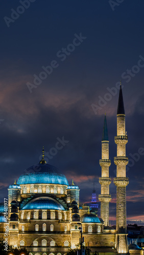 Islamic background image featuring a mosque, perfect for Ramadan, Kandil, Laylat al-Qadr, or Kadir Gecesi themes.Istanbul's New Mosque.