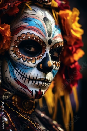Authentic Mexican woman dressed for Dia de Los Muertos, face paint, flower hair, and dress © Badtooth Trading Co.