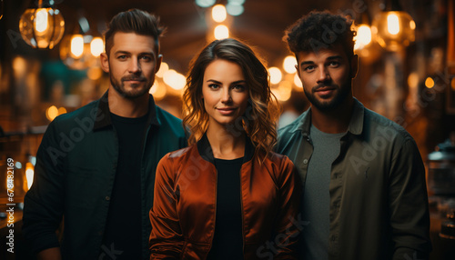 Group of young adults smiling, looking at camera, enjoying nightlife generated by AI