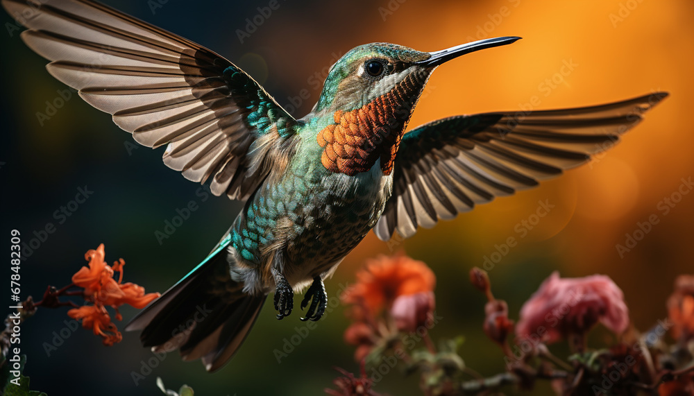 Fototapeta premium Hummingbird flying, vibrant feathers, perched on branch, pollinating flowers generated by AI