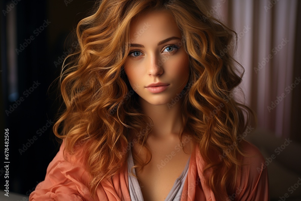 Attractive woman looking at camera in dark room Attractive woman looking at camera in dark room