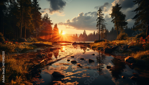 Tranquil scene sunset reflects on water, autumn forest beauty generated by AI © Stockgiu
