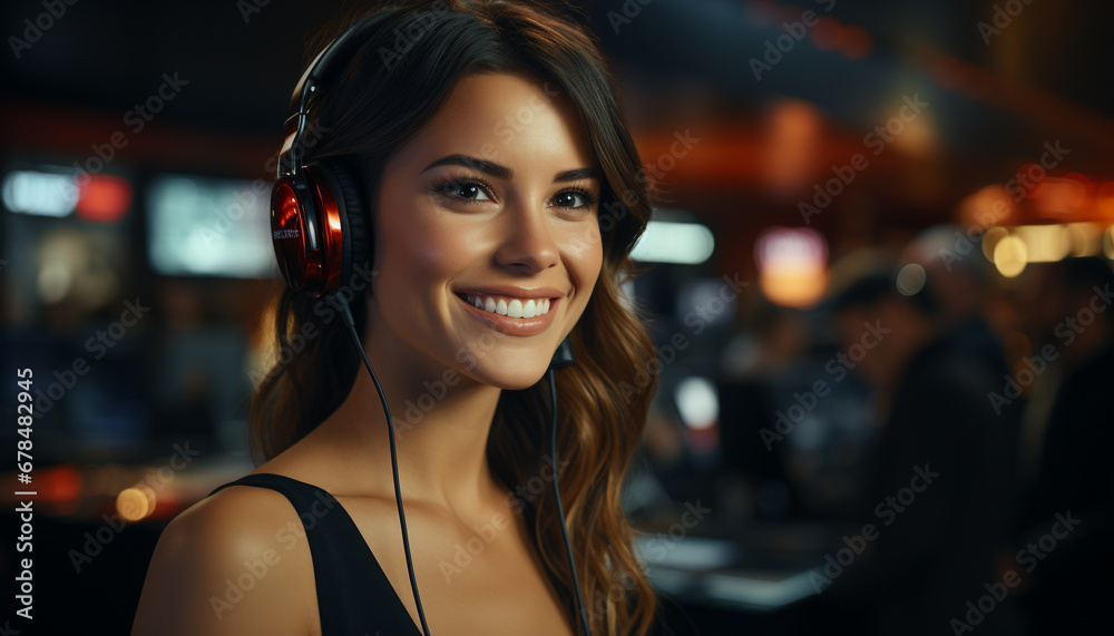 Young woman enjoying nightlife, listening to music, smiling confidently generated by AI