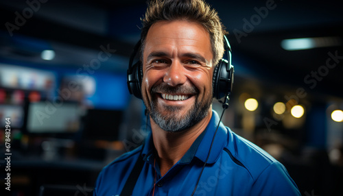 A cheerful businessman, standing indoors at a nightclub, smiling confidently generated by AI