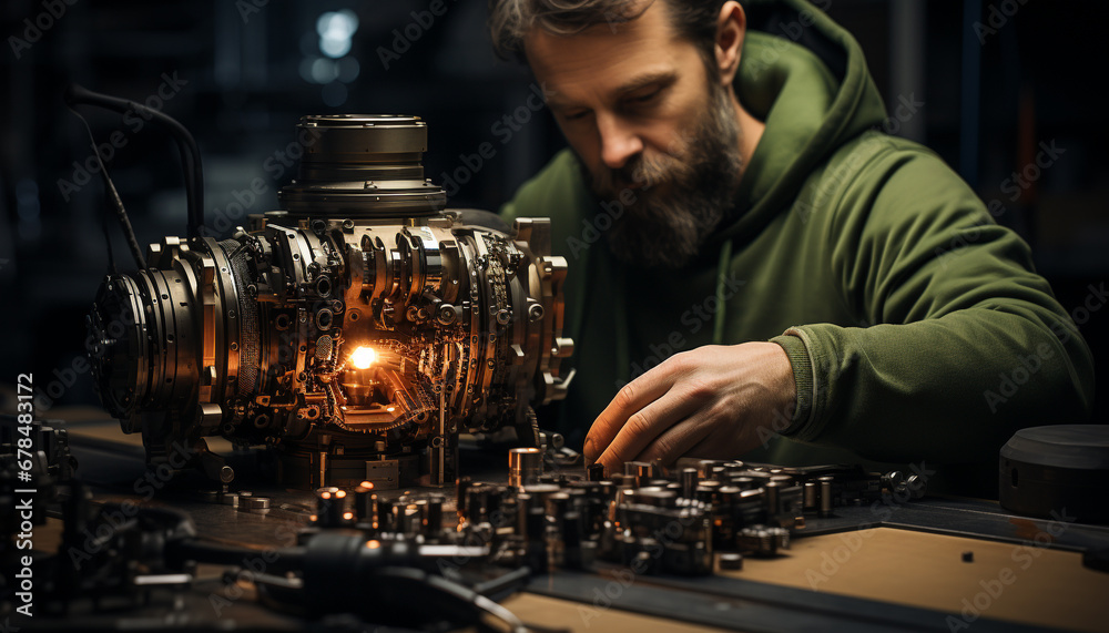 One man, expert mechanic, repairing machinery with precision and confidence generated by AI One man, expert mechanic, repairing machinery with precision and confidence generated by AI