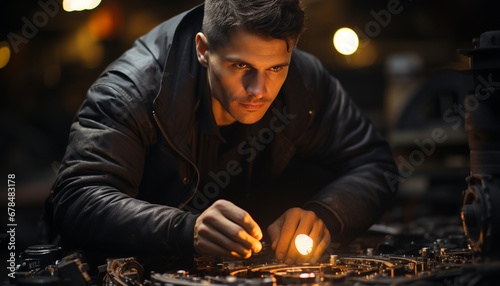 Young adult male working in a workshop, holding a burning flame generated by AI