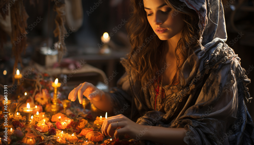 One woman meditating, holding candle, surrounded by serene beauty generated by AI