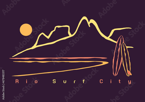 Beautiful vector illustration of Rio de Janeiro coastal landscape with surfboards. Art in a minimalist style, with stylized and simple lines. Editable design for printing on t-shirts, posters, etc. photo