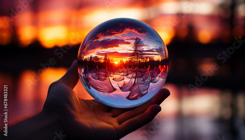 A glowing sphere reflects the beauty of nature at dusk generated by AI