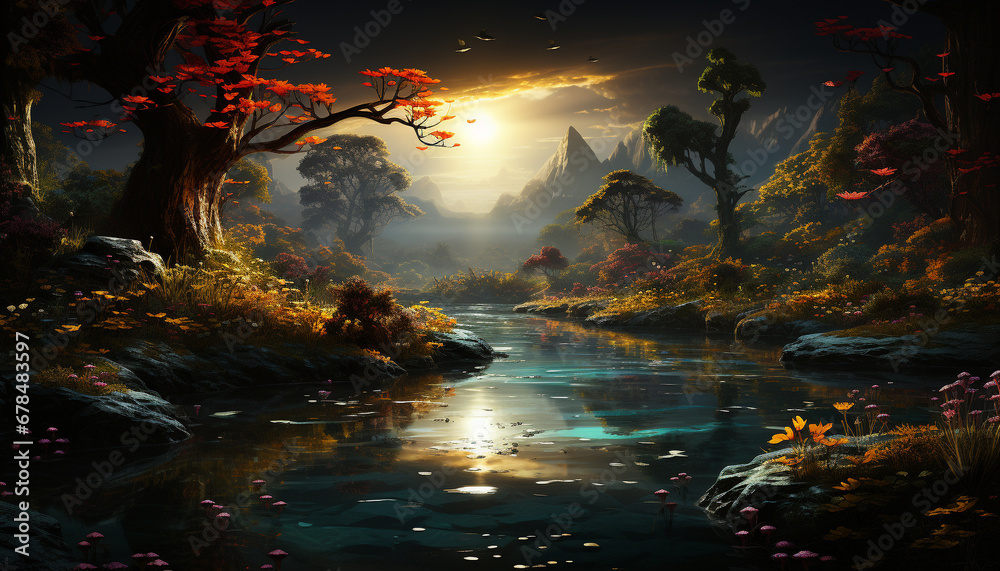 Autumn forest reflects multi colored leaves in tranquil pond at dusk generated by AI