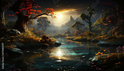 Autumn forest reflects multi colored leaves in tranquil pond at dusk generated by AI