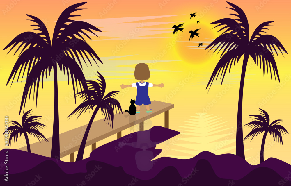 Girl and cat on the beach at sunset. Vector illustration in flat style. Girl and cat on the beach at sunset. Vector illustration in flat style.