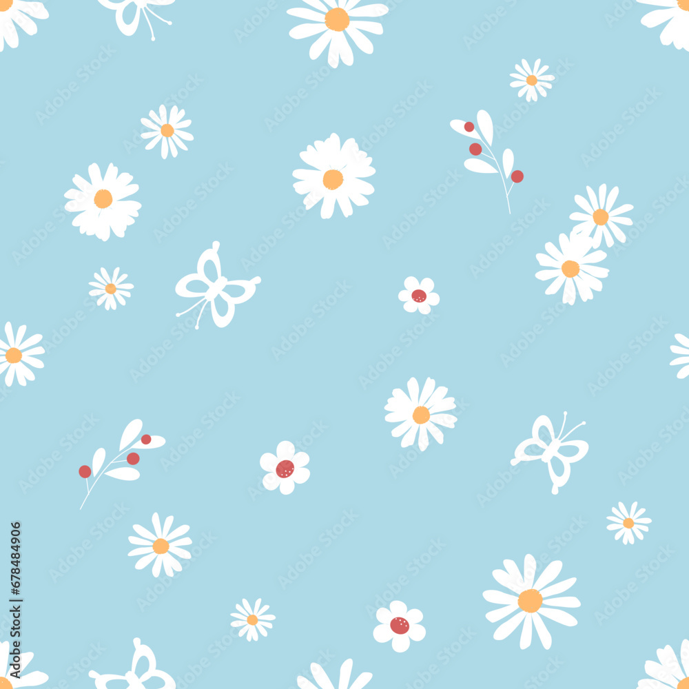 Seamless pattern with daisy flower, butterfly and berry branch on blue background vector illustration. Seamless pattern with daisy flower, butterfly and berry branch on blue background vector illustration.