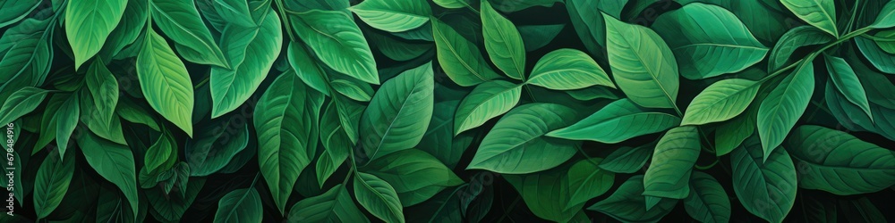 Naklejka premium Banner illustration featuring beautiful, lush green leaves, creating a vibrant and refreshing visual representation of nature's vitality and natural beauty.