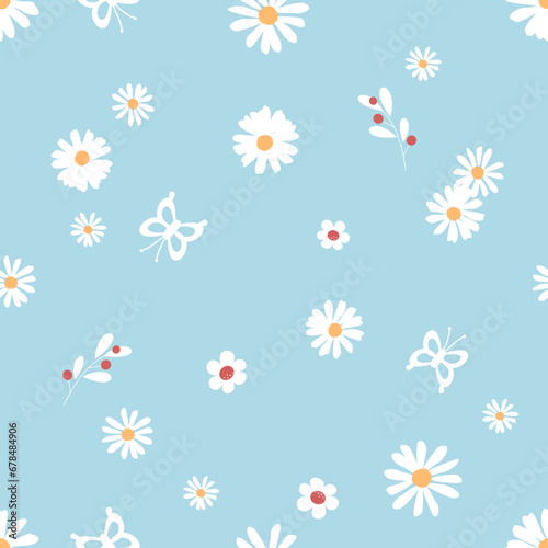 Seamless pattern with daisy flower, butterfly and berry branch on blue background vector illustration.