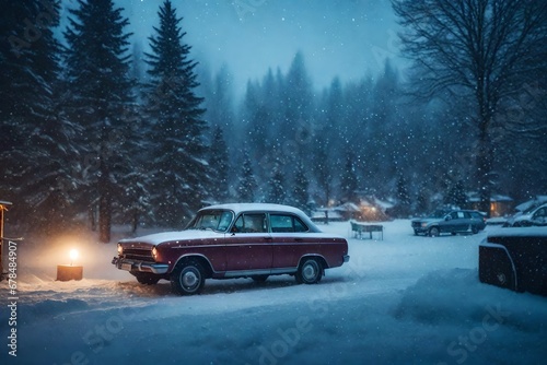 Watching the snow fall through a window in a cozy  warm car