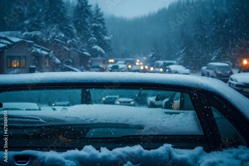 Watching the snow fall through a window in a cozy, warm car
