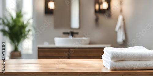 Wooden tabletop counter with a towel. out of focus bathroom. copy space photo
