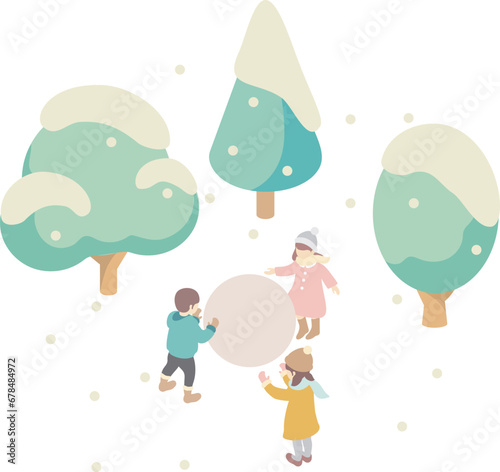 アイソメトリック　冬　雪　遊び　家族　友達　キッズ　人物　男性　女性　子供　イラスト素材