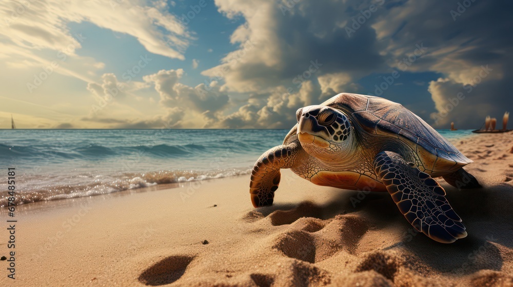 A mesmerizing scene of a turtle gracefully moving across the sandy shore during the morning or afternoon, with the backdrop of a picturesque beach.