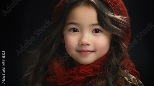 Studio portrait of a smiling sweet looking little girl with dark hair and wearing a red scarf and hat.