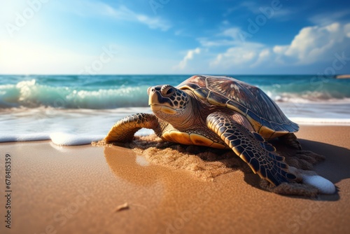 A captivating photograph featuring a turtle leisurely walking on the beach, with the beautiful coastal scenery in the background. © Matthew