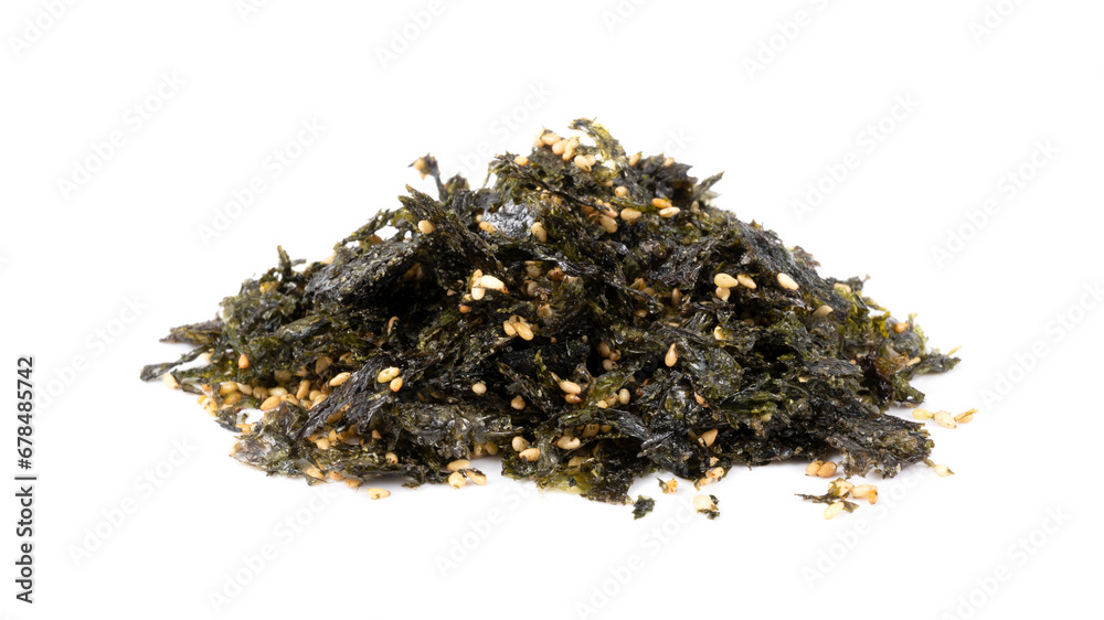 roasted nori seaweed and sesame topping isolated on white background. roasted nori seaweed and sesame topping isolated on white background.