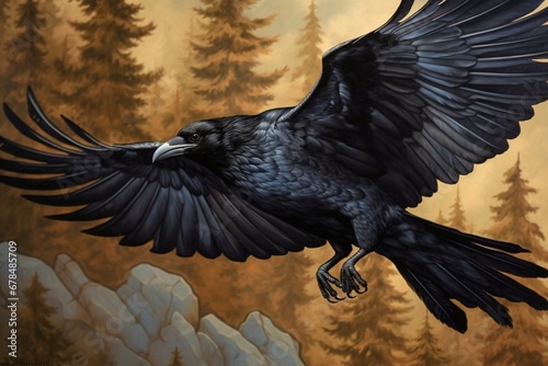 A mesmerizing wallpaper featuring a majestic raven in flight. Generative AI