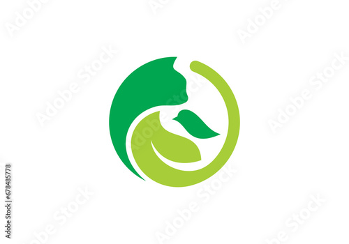 leaf bird and cat logo design. pet care white leaf linear style concept element symbol vector illustration.