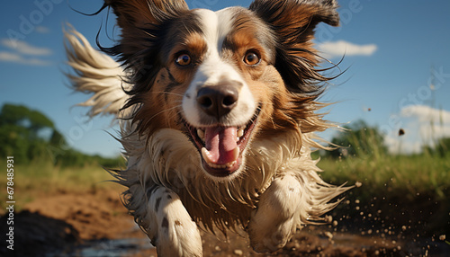 Cute puppy playing outdoors, smiling, looking cheerful, enjoying nature generated by AI © Stockgiu