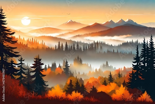 Vector autumn horizontal landscape with fog, forest, spruce, fir, and morning sunlight.