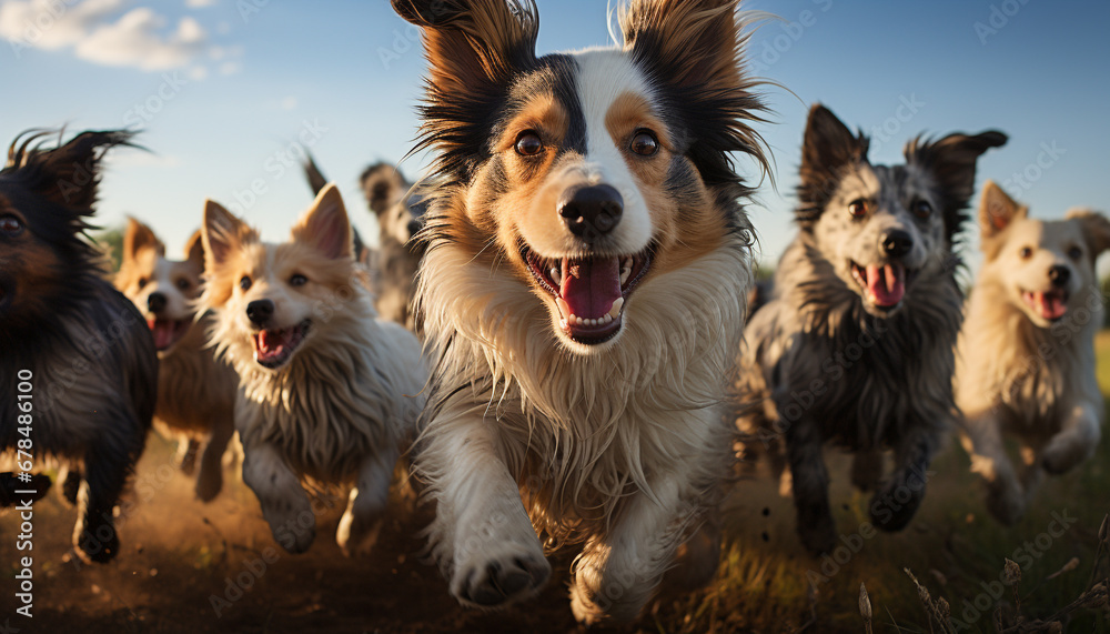Cute puppies playing outdoors, running and herding sheep, pure joy generated by AI
