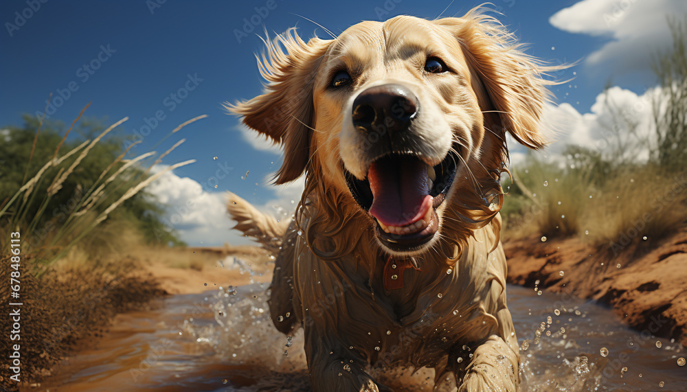 Cute puppy playing in water, wet fur, joyful summer fun generated by AI